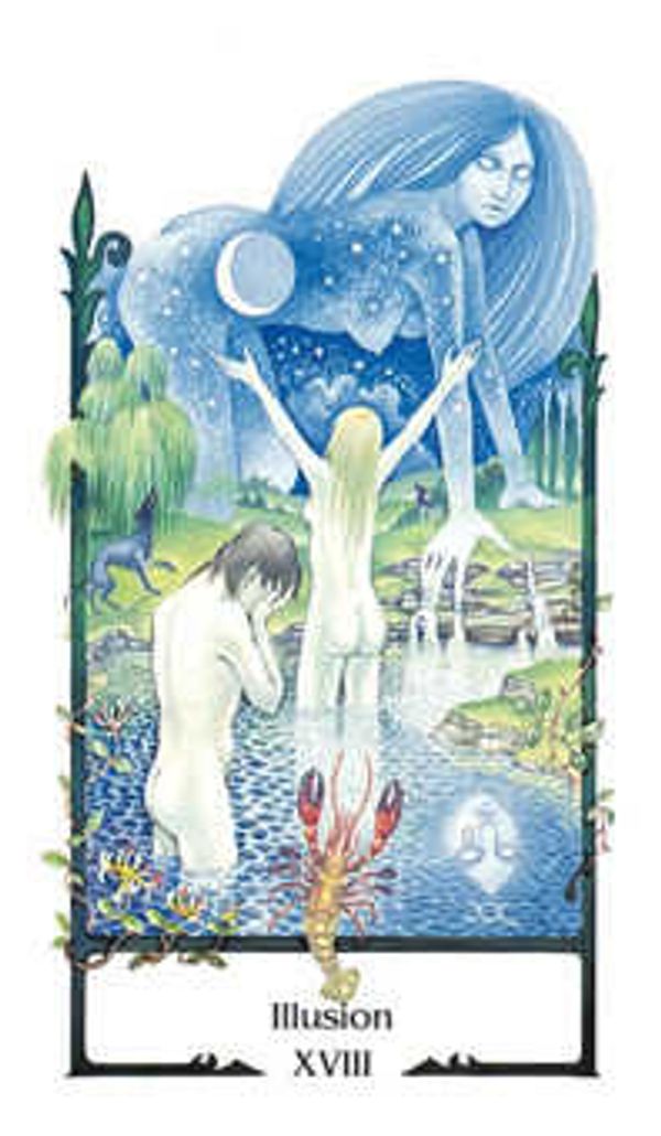Tarot card 'Illusion XVIII' showing mystical figures and watery landscape.