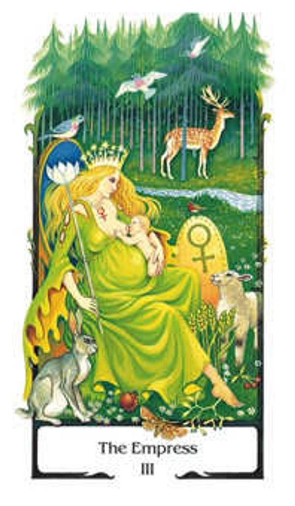 The Empress tarot card depicting a crowned woman nurturing a child in a lush forest.