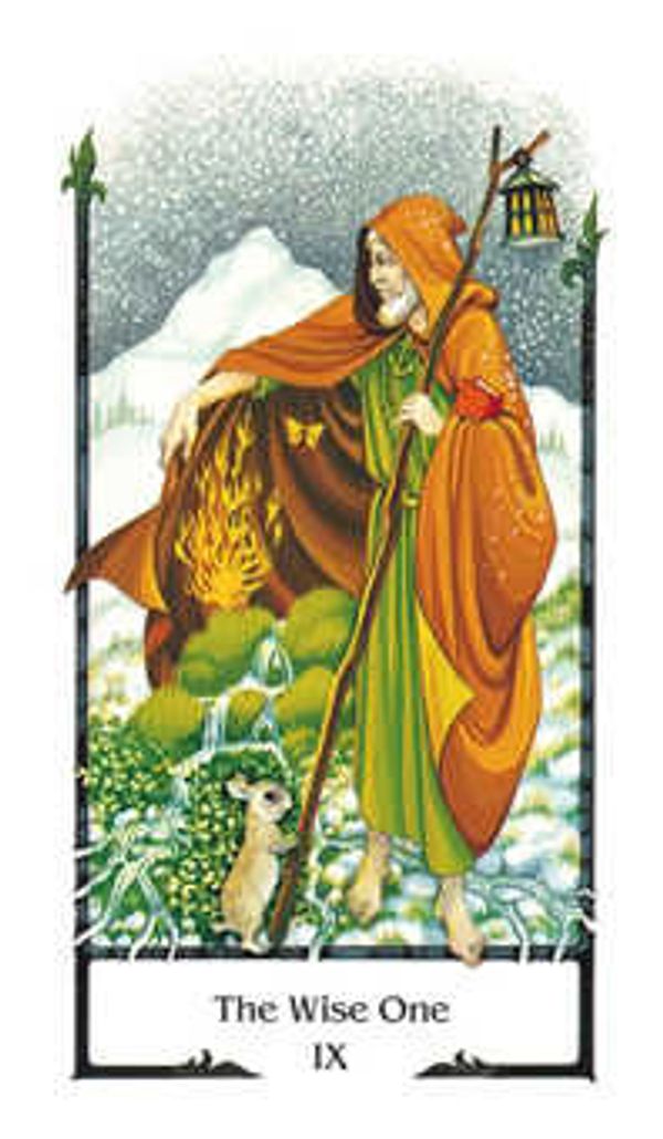 A wise figure in an orange cloak holding a staff with a lantern and a rabbit nearby.