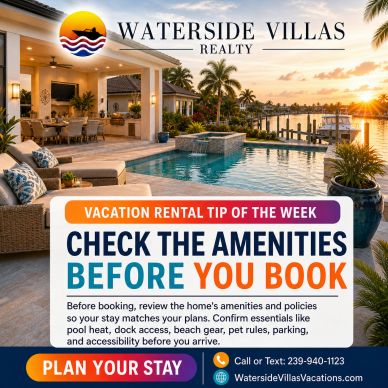 Check pool heat, dock access, beach gear, pet rules, parking and accessibility before booking.