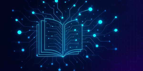 Digital book with connected data points and circuitry lines.