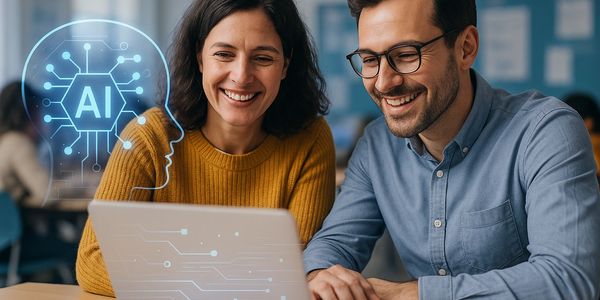 Two colleagues smiling while working on AI technology on a laptop.