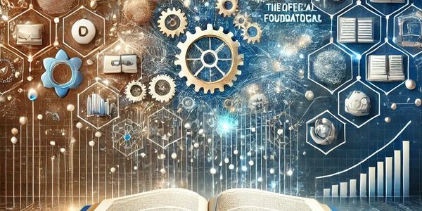 Open book with gears and scientific icons representing knowledge and technology.