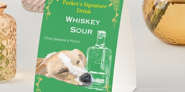 Sign for Parker's Signature Whiskey Sour drink with a dog's illustration.