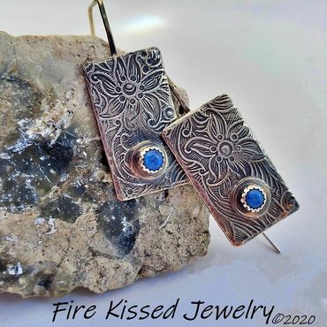 Textured Sterling Earrings with Blue Lapis cabochons and handcrafted, nickle free ear wires. 
