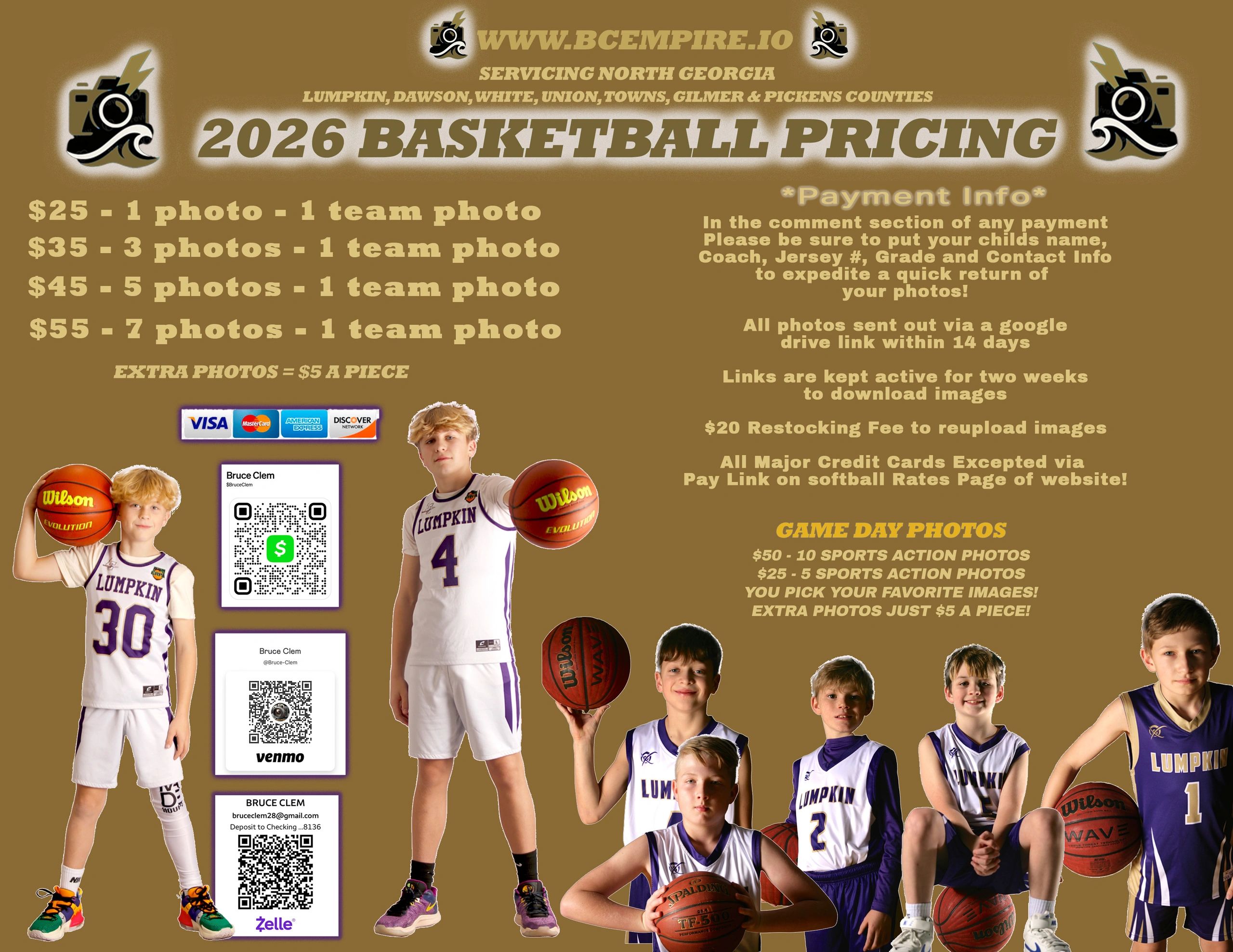 2026 Basketball Photography Pricing and Payment Info with kids in jerseys.