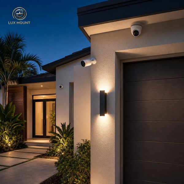 Modern home exterior with security cameras and warm lighting.
