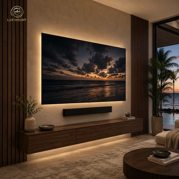 Modern living room with wall-mounted TV and ambient lighting.