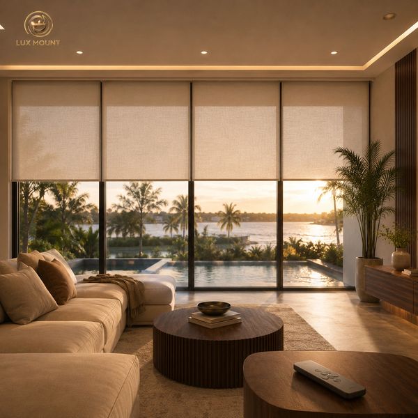Modern living room with sunset view and beige decor.