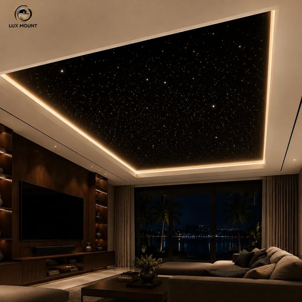 Ceiling with starry sky lighting design in modern living room.