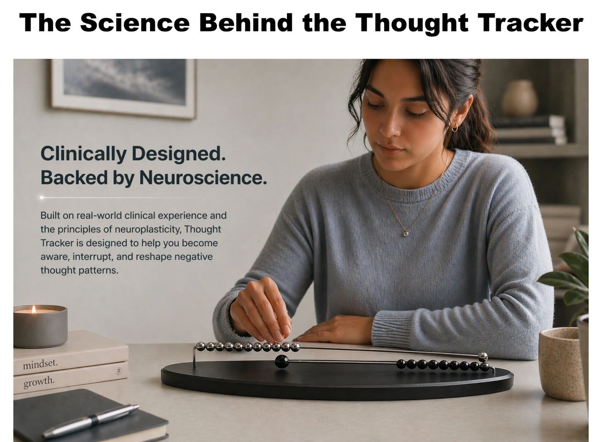 Woman using a thought tracker device backed by neuroscience.