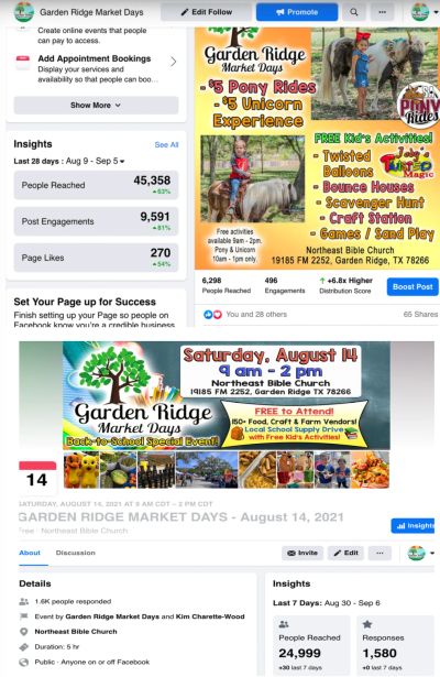 Garden Ridge Market Days event promoting pony rides, unicorn experience, and kids' activities.