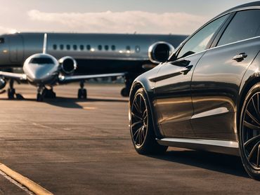 Luxury black car parked near a private jet on an airport tarmac.
