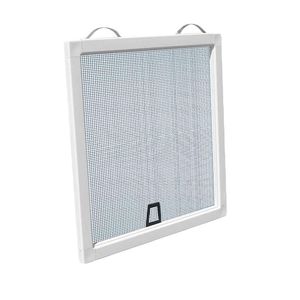 White framed window screen with mesh and hooks for installation.