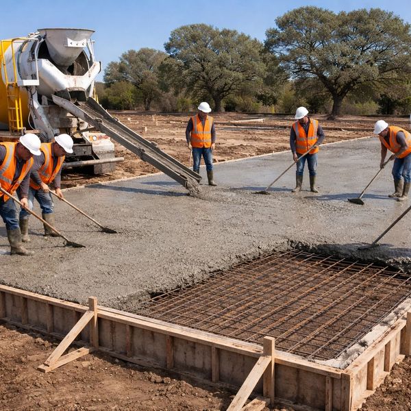 Construction workers pouring and leveling concrete on a building foundation site.