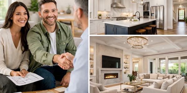 Happy couple shaking hands with agent, modern kitchen, and elegant living room.