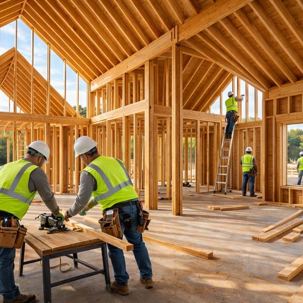 Construction workers building a wooden house frame inside a large structure.