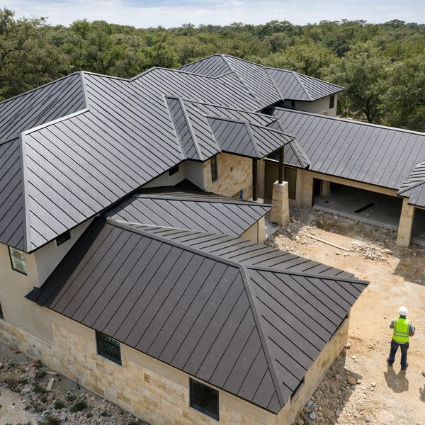Modern house with sleek metal roofing under construction in a wooded area.