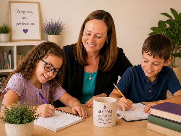 Teacher helping two children with their homework at a cozy table.