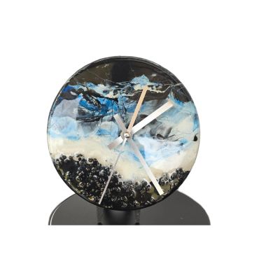Handcrafted ocean resin desk clock with layered blue waves and black stone shoreline.