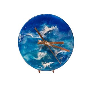 Ocean resin beach desktop clock with second hand and metal stand. Multiple blue resin layers