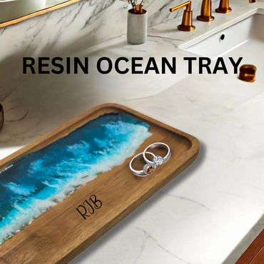 acacia wood vanity/jewelry tray with ocean resin design