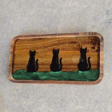 acacia resin tray with 3 black cat silhouettes on green epoxy grass inlay