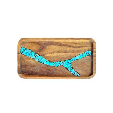 Handcrafted acacia wood tray with turquoise stone inlay.