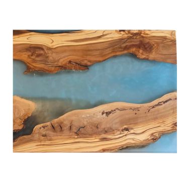 Live edge wood with blue epoxy resin river design.