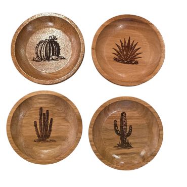 Handcrafted wooden glass toppers with engraved cactus and agave designs.
