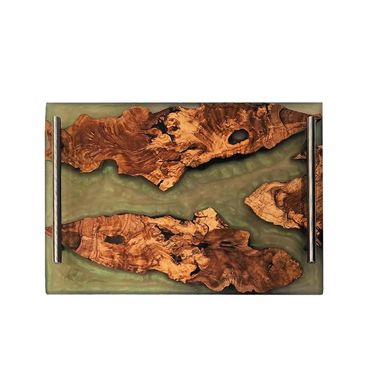 green resin inlay with 3 pieces of olive wood and stainless steel handles for this resin tray
