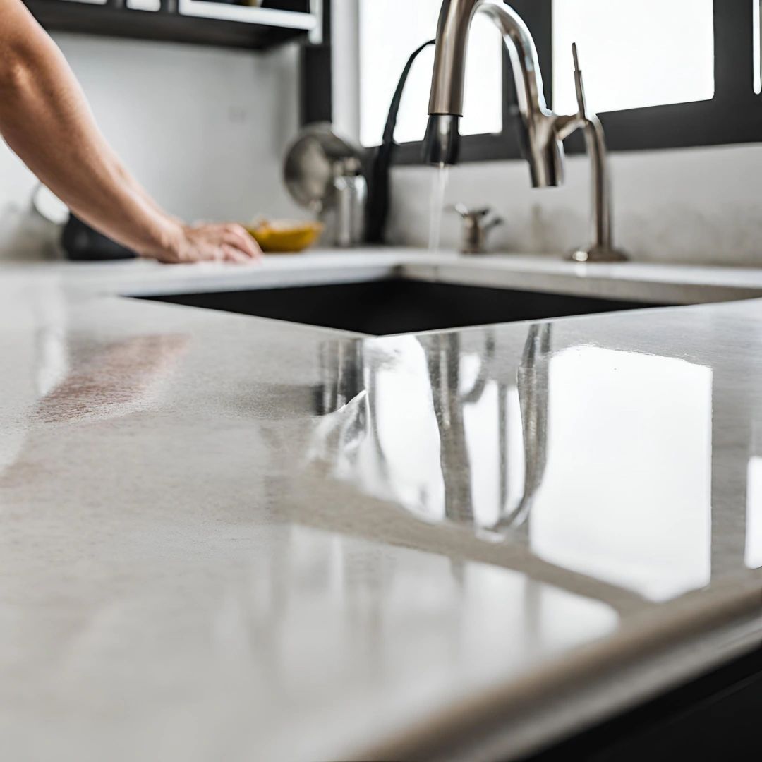 granite countertop with someone cleaning it