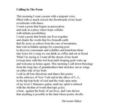 Poem titled "Calling In The Poem" by Devreaux Baker, displayed on a white background.