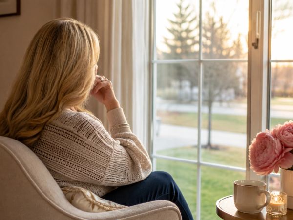 Woman sitting by a window in quiet reflection.