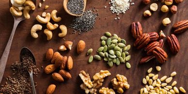 Raw nuts and seeds on a table