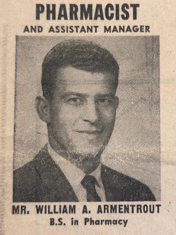 Black and white portrait of Mr. William A. Armentrout, pharmacist and assistant manager.