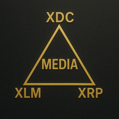 A gold triangle with the word “MEDIA” centered inside, framed by network labels: XDC at the top, XRP