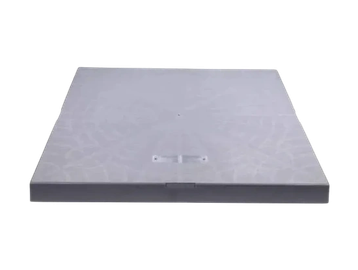 Square gray manhole cover with a subtle pattern and a small central handle.