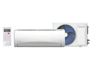 White split air conditioner with remote control and outdoor unit.