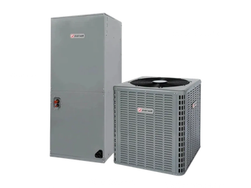 A gray Trane HVAC system with a tall indoor unit and a shorter outdoor unit.