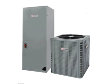 A gray Trane HVAC system with a tall indoor unit and a shorter outdoor unit.