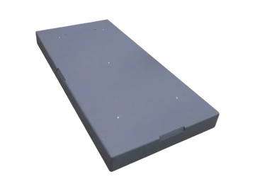 A closed, rectangular gray box with a flat surface and small markings.