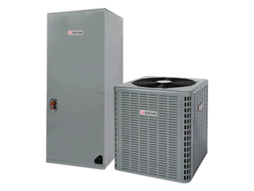 Gray air conditioning unit and indoor HVAC component with PowerRed branding.