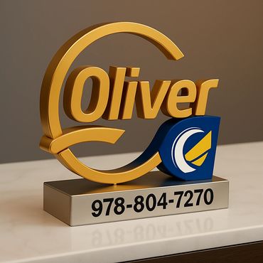 Golden Oliver sign with a phone number on a stand.