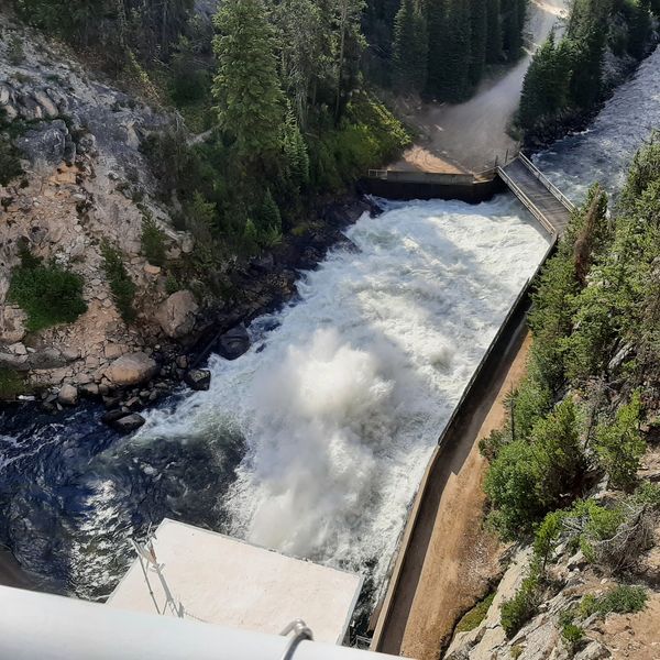 Powerful water flow out of the Deadwood Reservoir within Water District 65.