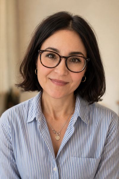 Smiling woman with glasses and striped shirt.