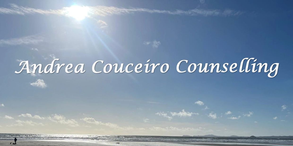 Sunny beach scene with Andrea Couceiro Counselling text overlay.