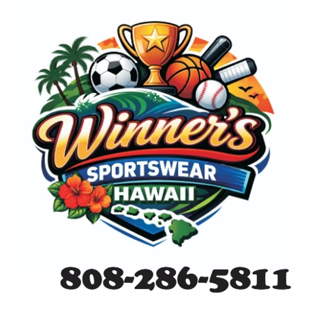 Logo for Winner's Sportswear Hawaii with sports icons and contact number.
