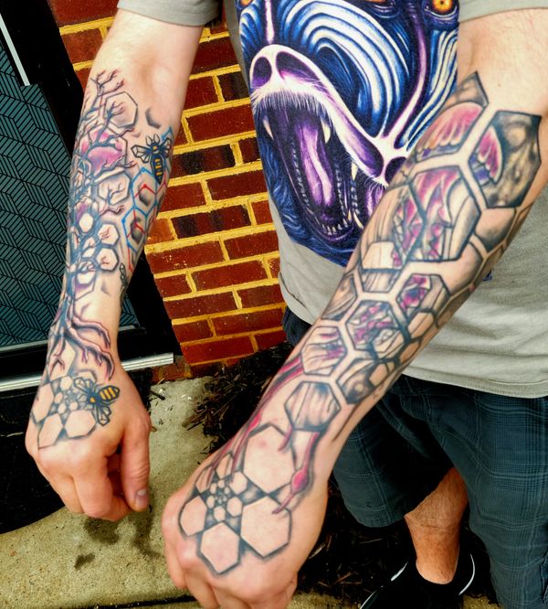 honeycomb , bees , jellyfish , trees , ORGANIC GEOMETRIC FOREARM TATTOOS BY LEIGH ODOM