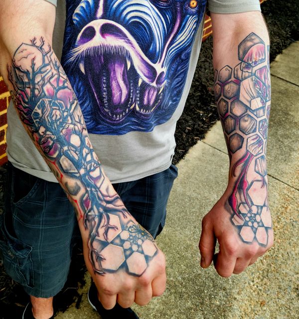 honeycomb , bees , jellyfish , trees , ORGANIC GEOMETRIC FOREARM TATTOOS BY LEIGH ODOM